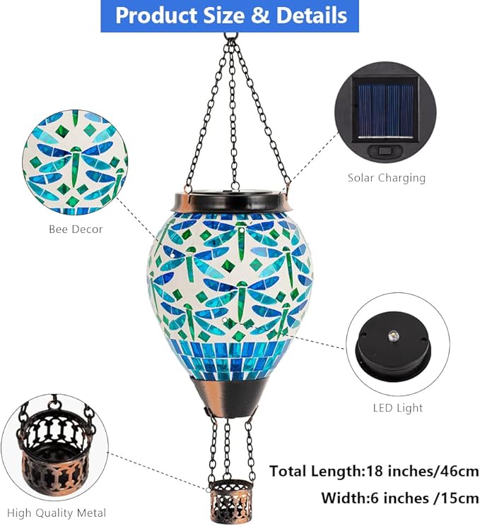 Starsoul Mosaic Dragonfly Hot Air Balloon Solar Lantern Glass Outdoor Hanging Hot Air Balloon Solar Flickering Flame Light Waterproof Garden Patio Yard Party Decorations