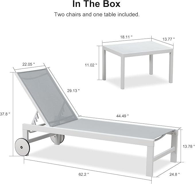 PURPLE LEAF Outdoor Chaise Lounge Set of 4 White Aluminum Lounge Chair Outdoor with Wheels Five-Position Adjustable Patio Lounge Chair for Pool Deck Yard, Bluish-Gray