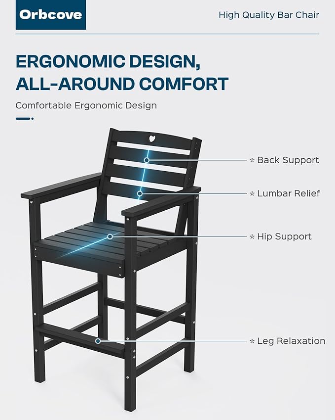 Tall Adirondack Chairs Set of 4, HDPE Wood Balcony Adirondack Chairs Set with Heart Cutout Design, Weather-Resistant Bar Height Furniture for Deck, Porch, Pool (Black)