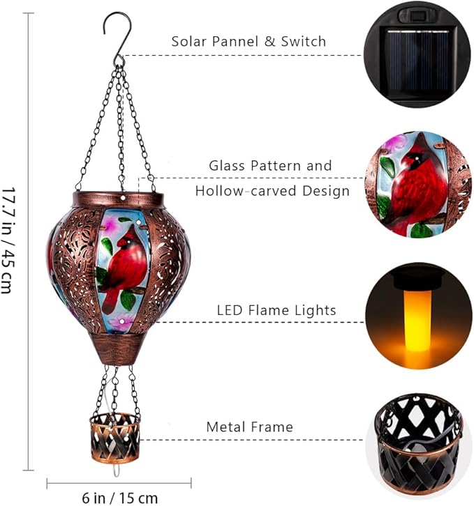 Cardinal Solar Hot Air Balloon Lantern with Flickering Flame Hanging Solar Lanterns Outdoor Waterproof,Metal Hot Air Balloon Lights for Patio Yard Party Garden Decor,Cardinal Gifts for Women