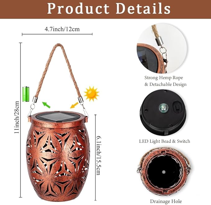 Solar Outdoor Lanterns with Floral Design，LED Garden Lights，Outdoor Solar Table Lantern Waterproof Brown Flower Hollowed，Table Lamp for Indoor/Outdoor Patio Porch Lawn Pathway Indoor