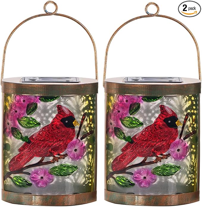 Starsoul 2 Pack Hanging Solar Lantern Outdoor Waterproof Glass Red Cardinal Decorative Solar Lights for Outside Garden Yard Table Patio Decor Cardinal Gifts
