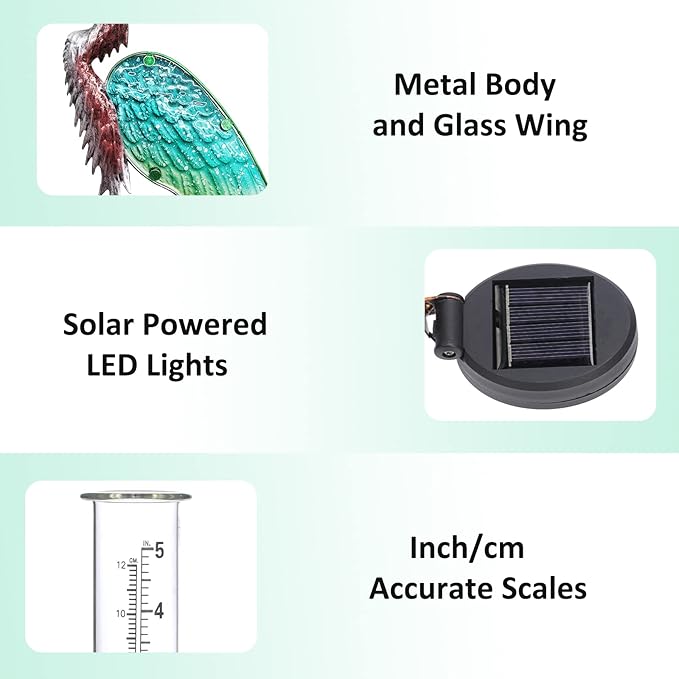 LEWIS&WAYNE 43’’ Solar Heron Rain Gauge Outdoor Decorative Metal Stake LED Lights with Glass Tube Solar Pathway Lights for Garden, Yard, Patio, Lawn Decor
