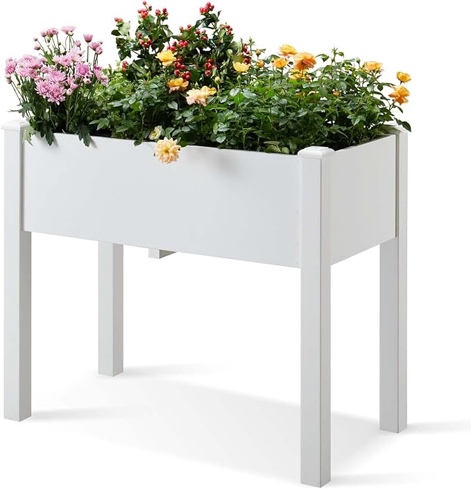 Psilvam Raised Garden Bed with Legs, Poly Lumber Raised Planter Box, Outdoor Elevated Garden Bed Suit for Backyard, Patio, Balcony 34" D x 18" W x 30" H（White）
