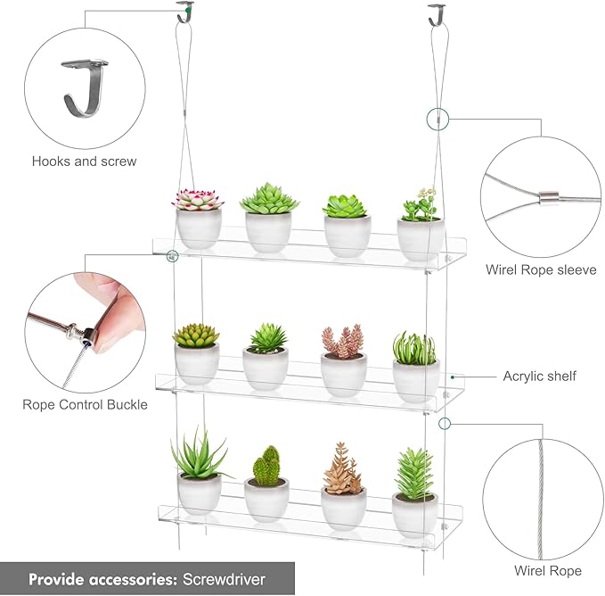Clear Hanging Window Plant Shelves,2-Pack 3-Tier,Indoor Windows Wall Hanging Plant Stand Flower Display,Flower Pot Organizer Storage for Window Grow Herbs,Microgreens,Succulents,Flower,16-Inch