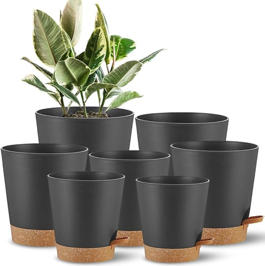 Self Watering Pots 7Pack Planting Pots for All Indoor Plants, Flower Planting Pots with Drainage Hole and Reservoir Black Plastic Succulent Planter Modern Decorations/Gift Idea