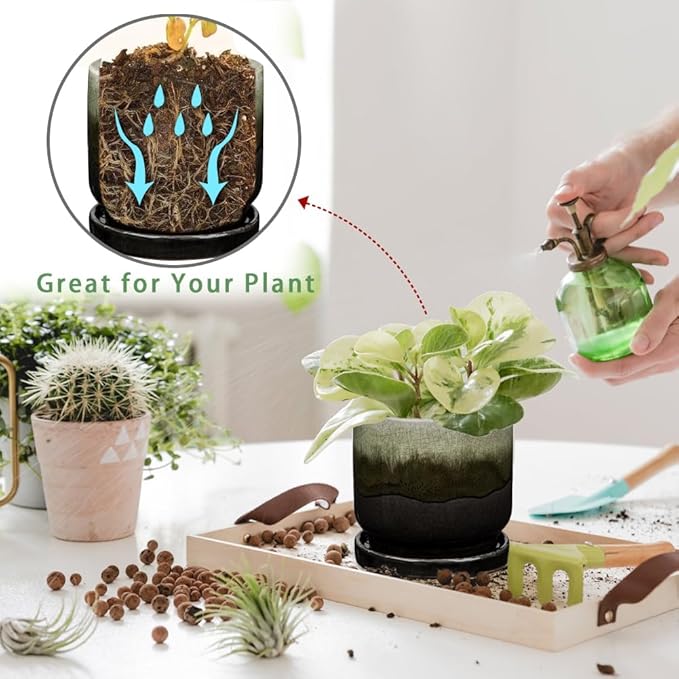 Oairse Ceramic Pot for Plants - 5.5 inch Small Planter with Drainage Hole and Saucers - Gradient Black Outdoor Indoor Flower Pot for Succulent, Cactus, Snake Plant, Herb