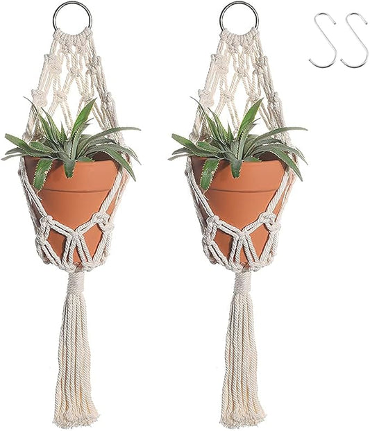Boho Macrame Plant Hangers - Handmade Hemp Rope Hanging Baskets for Indoor Plants with Ceiling Hooks, Bohemian Home Decor Outdoor Wall Art