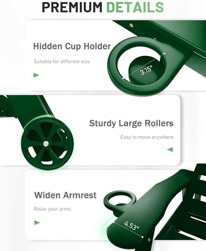 Lounge Chair Outdoor Set of 2, 6-Position Adjustable Chaise Lounge Outdoor with Wheels, Lounge Chair with Cup Holder for Pool Poolside Deck Backyard Patio, Green