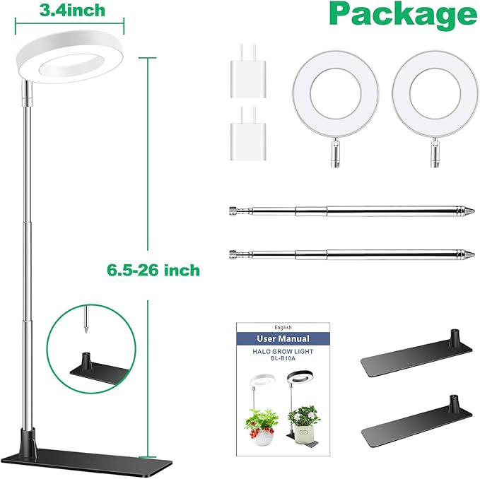 Grow Lights for Indoor Plants,Full Spectrum Plant Lights for Indoor Growing with with 3/9/12H Timer, 3 Color Modes, 10 Brightness, 6.5"-26" Height Adjustable Small Grow Light, 2 Pack(3.4in)