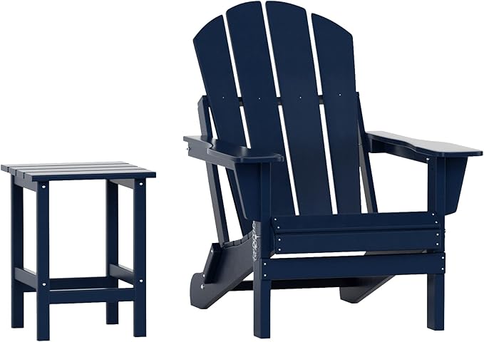 WO Home Furniture Adirondack Chair Table Set of 2 PCS Outdoor Folding Chair w Side Table Weather/UV Resistant for Lawn, Garden, Bon Fire, Balcony (Navy Blue)