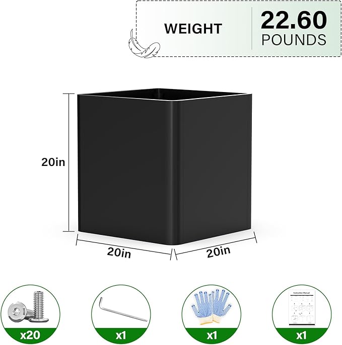 Large Metal Square Planter 20" L x 20" W x 20" H, Black Large Outdoor Planters with Drainage Hole for Porch/Patio/Garden