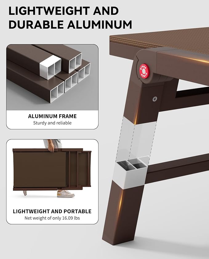 Aluminum Chaise Lounge Chair Outdoor, Foldable Patio Lounge Chair Assemble-Free, Pool Lounge Chairs with 5 Adjustable Backrest, Outdoor Lounge Chairs for Outside Poolside Beach Lawn Brown