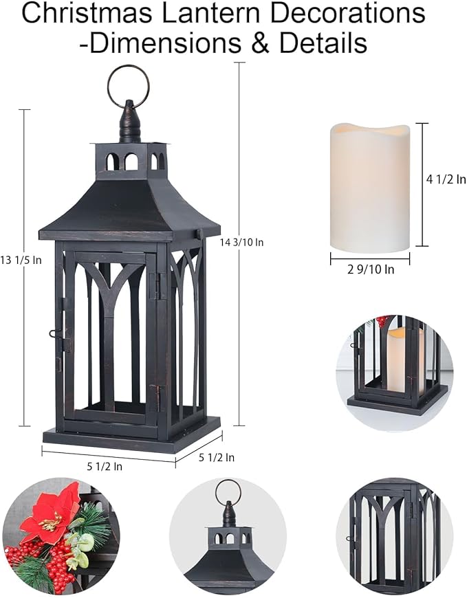 DECORKEY Decorations for Home, Decorative Led Candle Lantern Indoor Outdoor Decor, Metal Hanging Candle Holder with Xmas Teardrop Wreath and LED Candle for Table Centerpieces, Patio (Black)