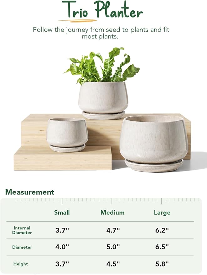 LE TAUCI Plant Pots, 4.1+5.1+6.5 inch, Set of 3, Ceramic Planters with Drainage Hole and Saucer, Indoor Flower Pot with Hole Mesh Pad, Gifts for Mom, Reactive Glaze Beige