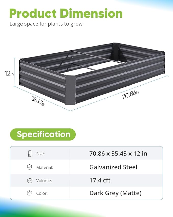 Quictent Galvanized Raised Garden Bed 6x3x1 Ft Metal Planter Box for Vegetables Bottomless for Backyard Outdoor, Include 1 Tomato Cage, Dark Grey
