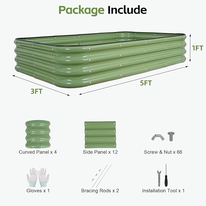 4-in-1 Modular Raised Garden Bed Kit - Adjustable Sizes (5x3x1ft, 4x4x1ft, 6x2x1ft, 7x1x1ft) - Heavy Duty Galvanized Steel Planter Box with Bracing Rods & Gloves for Vegetables, Fruits