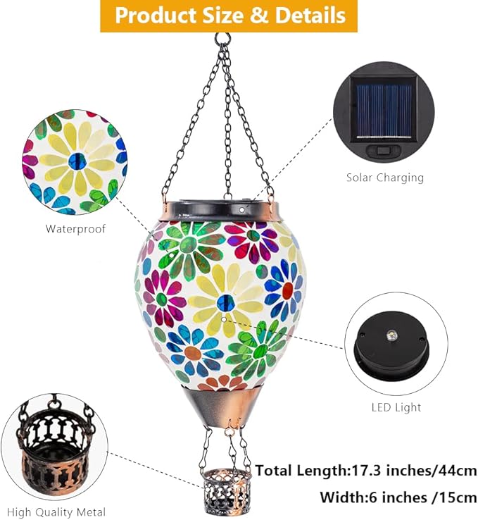 Starsoul Mosaic Flowers Hot Air Balloon Solar Lantern Glass Outdoor Hanging Hot Air Balloon Solar Flickering Flame Light Waterproof Garden Patio Yard Party Decorations