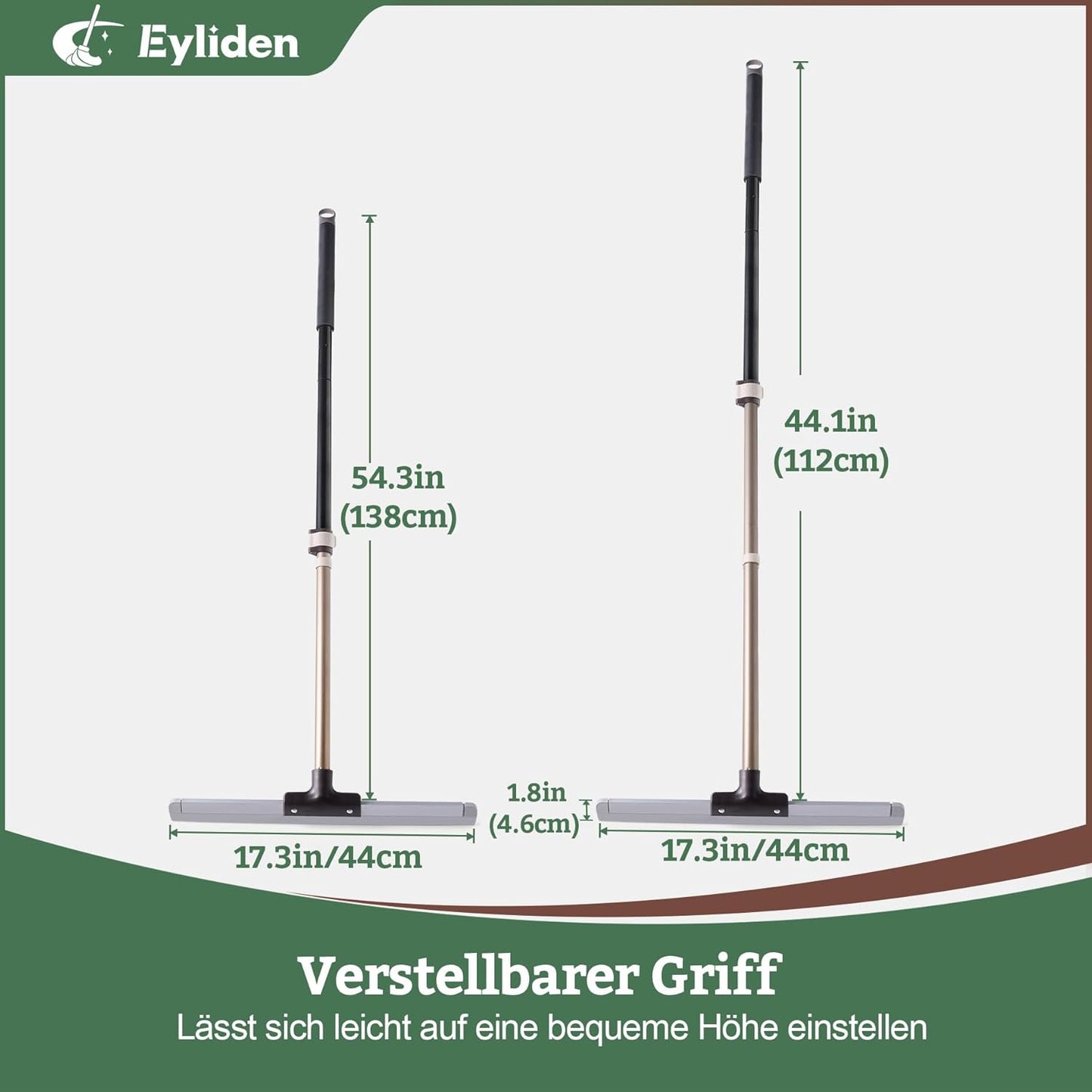 Eyliden 17" Rubber Floor Squeegee - Quick Water & Foam Removal, Dual-Action Push & Scrape Heavy-Duty Scrubber Broom with Telescopic Handle, for Bathroom Shower Kitchen Floors Glass Pool