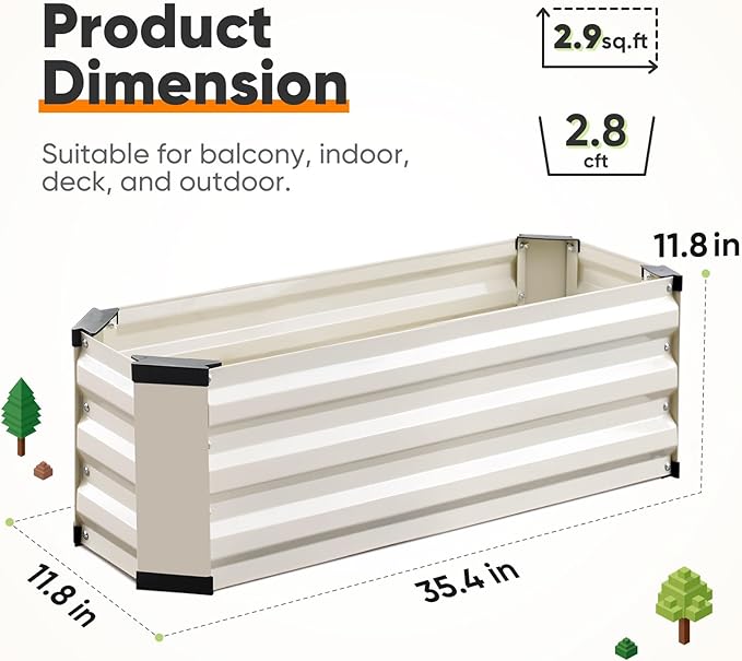 KING BIRD Raised Garden Bed Kit with Bottom 2025 Upgraded Galvanized Planter Garden Box Outdoor & Indoor for Gardening, Vegetables, Flowers, Beige, 35.4x11.8x11.8 in