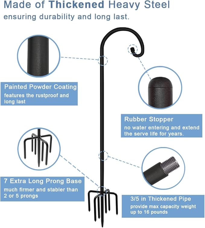 92 inch Outdoor Shepherd Hook with 5 Prong Base (2 Packs), Adjustable Heavy Duty Garden Hanging Stake for Bird Feeder Solar Light Plant Hanger Wedding Decor, Matte Black