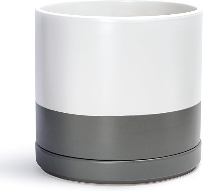 D'vine Dev 14 Inch Ceramic Planter Pot with Drainage Hole and Saucer, Indoor Cylinder Round Planter Pot, White/Speckled Grey, 94-O-G-6