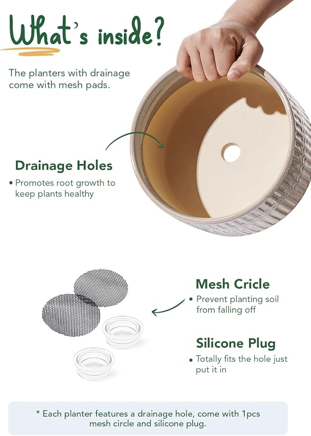 LE TAUCI Succulent Pots, 6.5+8 Inch Ceramic Indoor Plant Pot with Drainage Hole, Modern Round Decorative Flower Pot, Set of 2, Reactive Glaze Star White