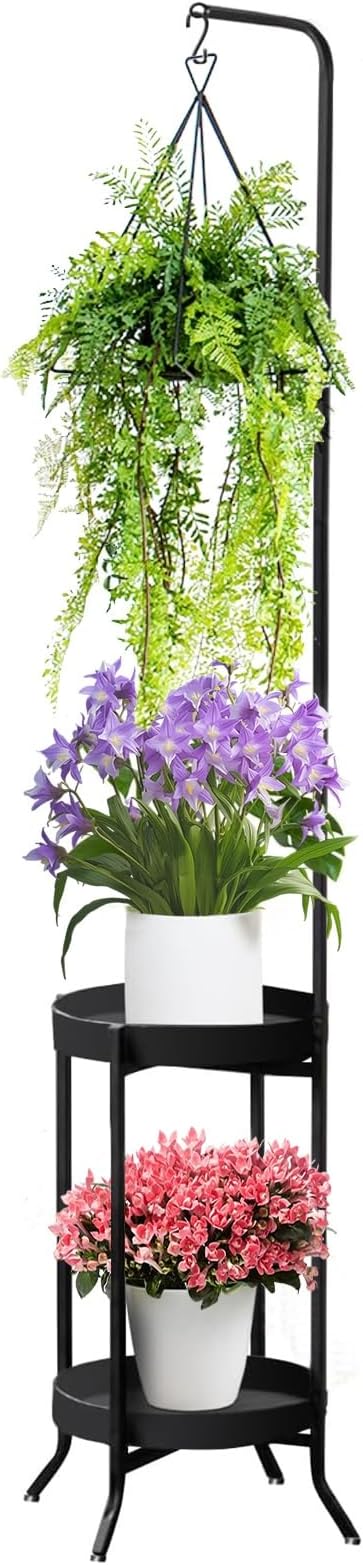 Hanging Plant Stand Indoor Outdoor, Space-Saving Corner Metal Plant Shelf 3 Potted Flower Pot Stand, 2 Tier 61" Tall Modern Planter Holder for Patio Garden Balcony Living Room Bedroom, Black