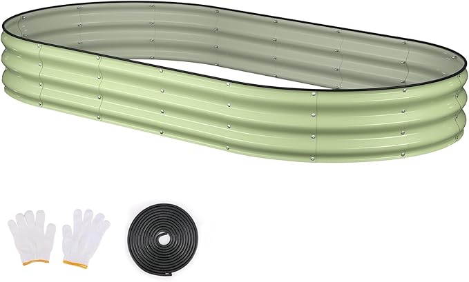 Raised Garden Bed, 8x4x1ft Galvanized Outdoor Planter Beds with Safety Edging and Gloves, Oval Metal Planter Box for Gardening Vegetables Flowers Herb