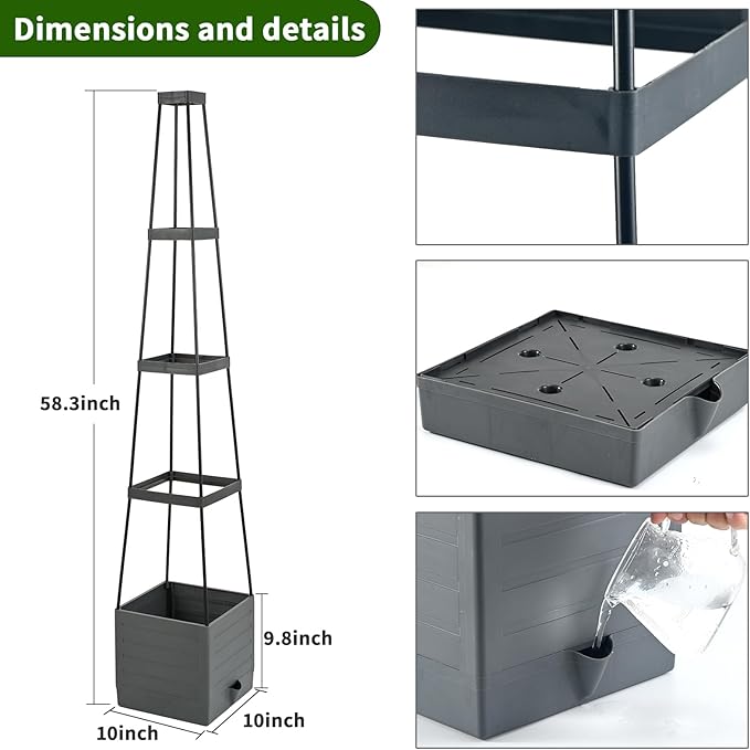 Raised Garden Bed, Planter Boxes with Trellis 58.3'' Tomato Planters for Climbing Vine Vegetables Flowers Plants Self Watering Tomatoes Cage for Outdoor Patio Greenhouse