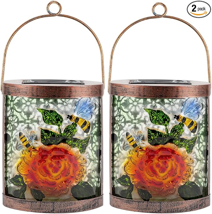 Starsoul 2 Pack Hanging Solar Lantern Outdoor Waterproof Glass Bee and Flowers Decorative Solar Lights for Outside Garden Yard Table Patio Decor