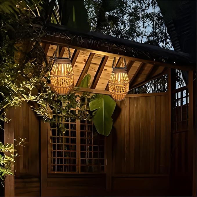 pearlstar Outdoor Solar Lanterns Light Rattan Natural Lantern with Handle for Hanging or Table Lamp for Patio Yard Garden Wedding Home Decoration, Edison Bulb, Auto on/Off (Style3)