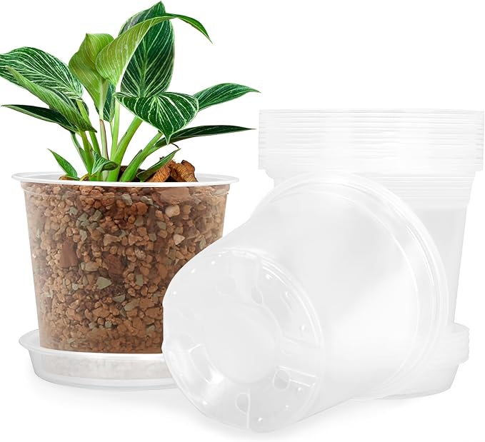 4/5/6/7 Inch Clear Nursery Pots for Plants with Sacuers 15 Pack, Plastic Flower Pots with Drainage Holes, Variety Pack Seedlings Garden Pot for Indoor Outdoor (4 inch)