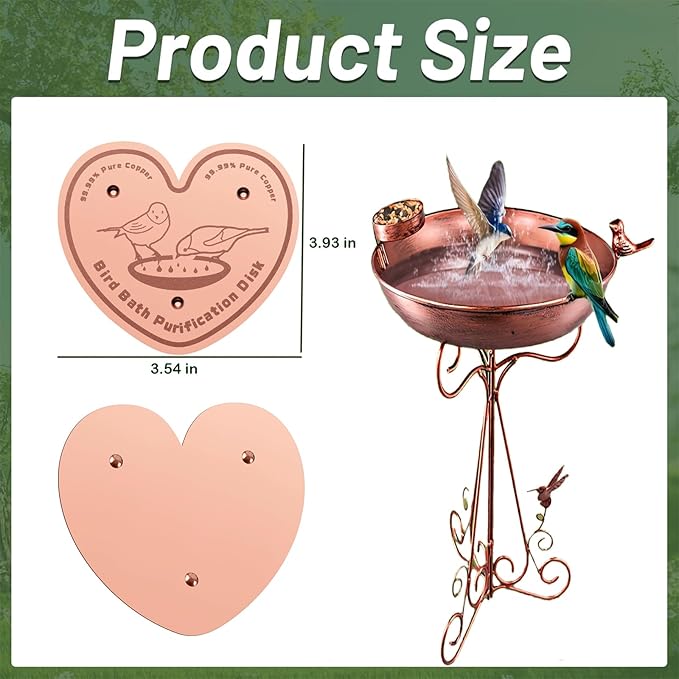 3-Pack 99.99% Pure Copper Bird Bath Purification Disk,Copper Disc with Stable Triple-Point Support,Fits All Outdoor Bird Baths(Heart-Shaped)