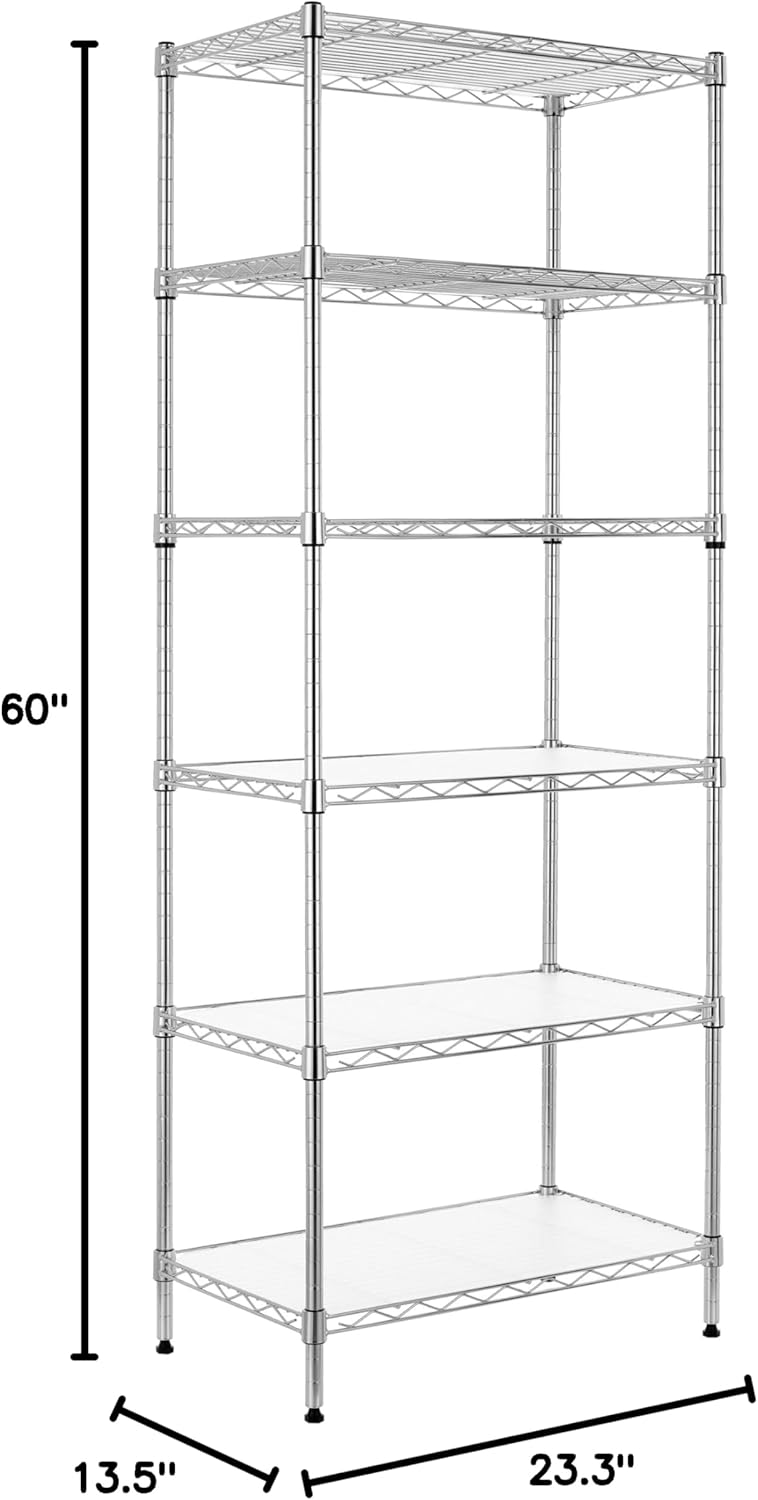 Finnhomy 6-Tier Wire Shelving Unit Adjustable Steel Wire Rack Shelving 6 Shelves Steel Storage Rack or Two 3 Tier Shelving Units with PE mat and Stable Leveling Feet, NSF Certified, Chrome