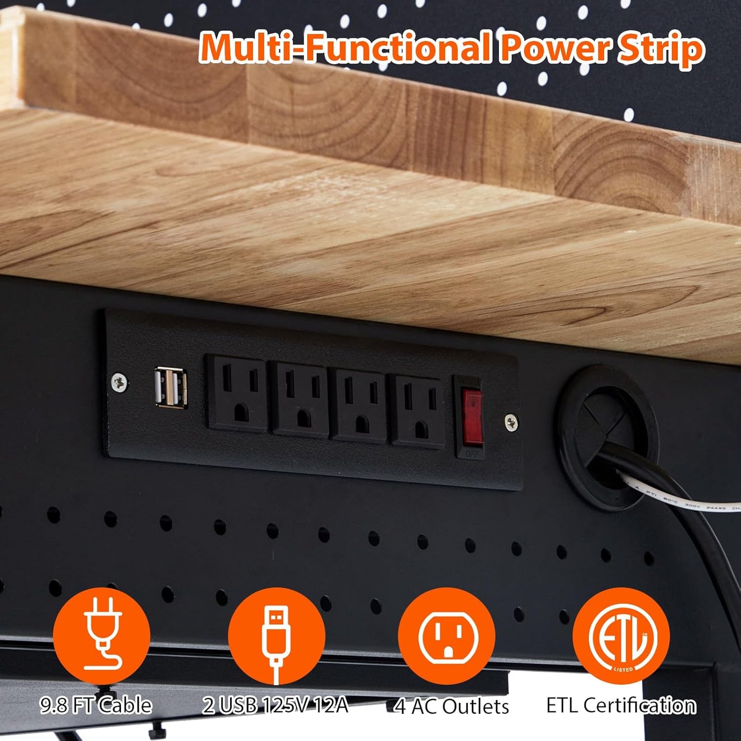 60" Adjustable Workbench with Drawer Storage, Rubber Wood Top Work Table for Garage, Heavy Duty Worktable with Removable Pegboard, Power Outlet, Hooks, Tool Storage Bench for Warehouse Workshop