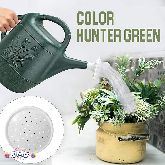 PMU 2 Gallon Watering Can - Garden Watering Can for Indoor & Outdoor Plants - Plastic Water Can with Detachable Sprinkler Head - Large Water Pot, Made in USA - Hunter Green Pkg/3