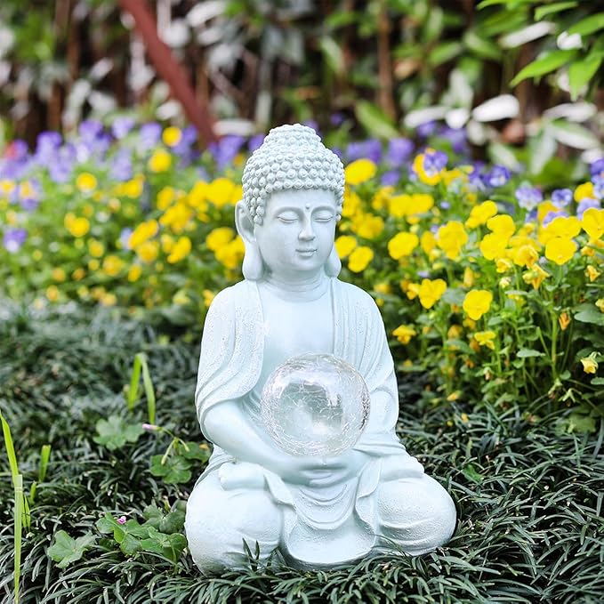 Buddha Garden Statue with Solar Light, Solar Meditating Garden Buddha with Cracked Glass Ball Sculpture-Indoor/Outdoor Decor for Balcony,Garden,Patio,Porch Yard Art Ornament,Gift