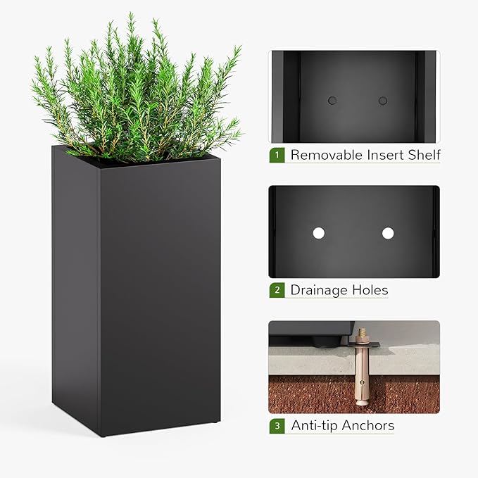 Stoog 30" Tall Planters for Outdoor Plants, All-Weather Metal Planter Boxes Set of 4, with Removable Insert Shelf, Modern Design, Indoor/Outdoor Use, Black