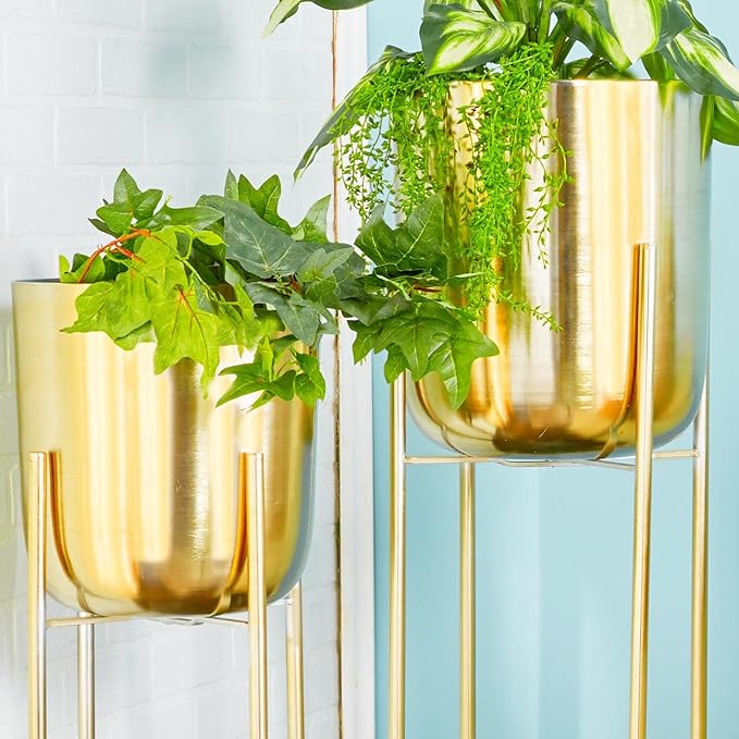 CosmoLiving by Cosmopolitan Metal Indoor Outdoor Planter Tall Indoor Outdoor Dome Large Planter Pot with Removable Stand, Set of 2 Planters 39", 46"H, Gold