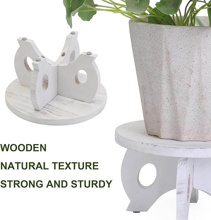 Small Plant Stand Kitchen Display Stand 10 inch Plant Holder Plant Stool Round Stand Risers Farmhouse Rustic Balcony Decor Pedestal Board Washed White