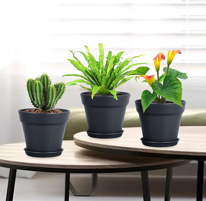 6 inch Nursery Pots, 16 Pack Plastic Plant Pots for Indoor Outdoor Plants, Flower Pots with Drainage Holes and Saucers, Decorative Seedling Starter Planters for House Plants, Black