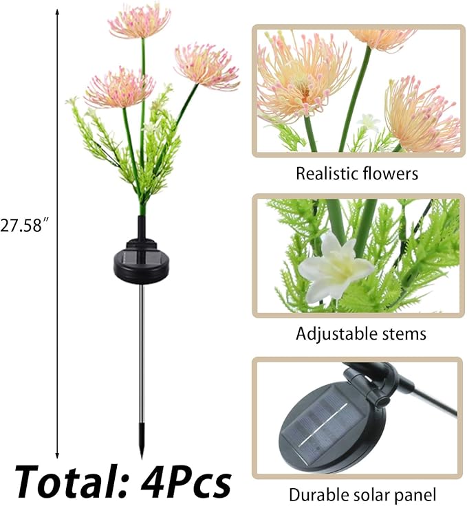 Solar Flower Lights for Garden Decor, 4Pack Pink Flowers with Green Stems, Solar Panel and Stake, Waterproof Solar Plant Lights for Outdoor Yard, Lawn, Path Decorations