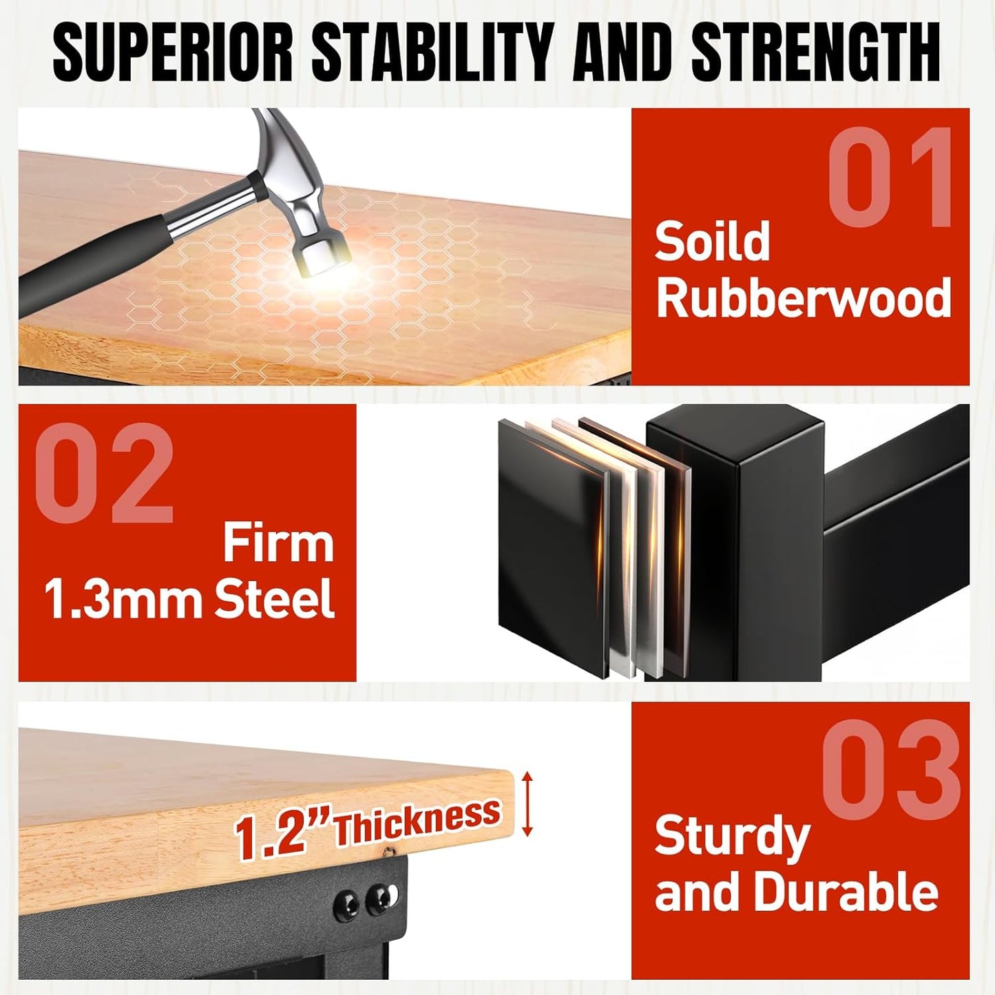 Adjustable Height Workbench, Heavy Duty Table Rubber Wood Workstation with Power Outlet & Pegboard for Garage, Office, Workshop, Home,Commercial (48"×24"|Wheels)