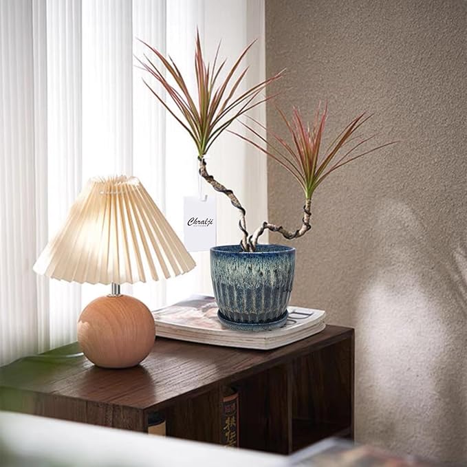 Ceramic Pots for Plants, 6in Ceramic Planters for Indoor Plants, Flower Pots with Drainage and Saucer, Reactive Glaze Blue