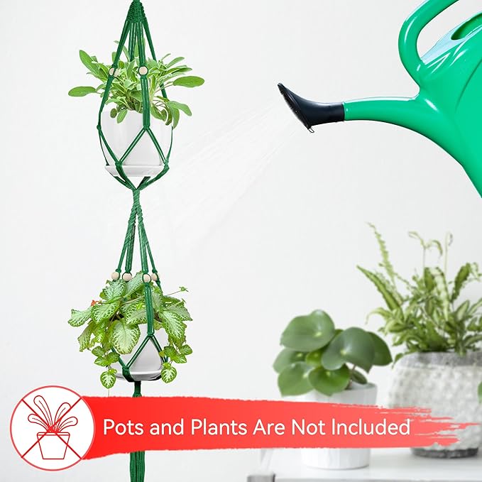 USLAI Macrame Plant Hanger Indoor Outdoor, Up to 4-15 inch Pot, Heavy 20lb Planters, Extra Long Strong Hanging Planter Basket Holder, Boho Home Decor, 49+72 Inch, Green (POTS NOT Included)