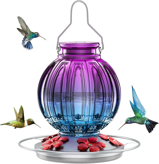 Glass Hummingbird Feeder for Outdoors Hanging, 26Oz Bird Nectar Feeder with Perch & 5 Flower Feeding Ports, Leak Proof for Outside Garden Decor Backyard, Gifts for Women Mom, Purple Blue