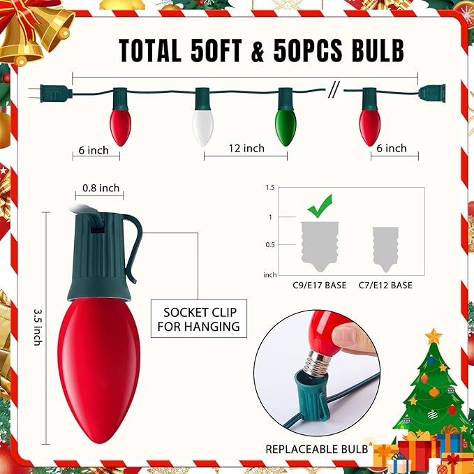 Minetom Outdoor Christmas Lights, 50 FT Vintage Red Green and White C9 Christmas String Lights for Christmas Holiday Indoor Room Roofline Backyard Garden Patio Home Decor, E17 Base, Green Wire