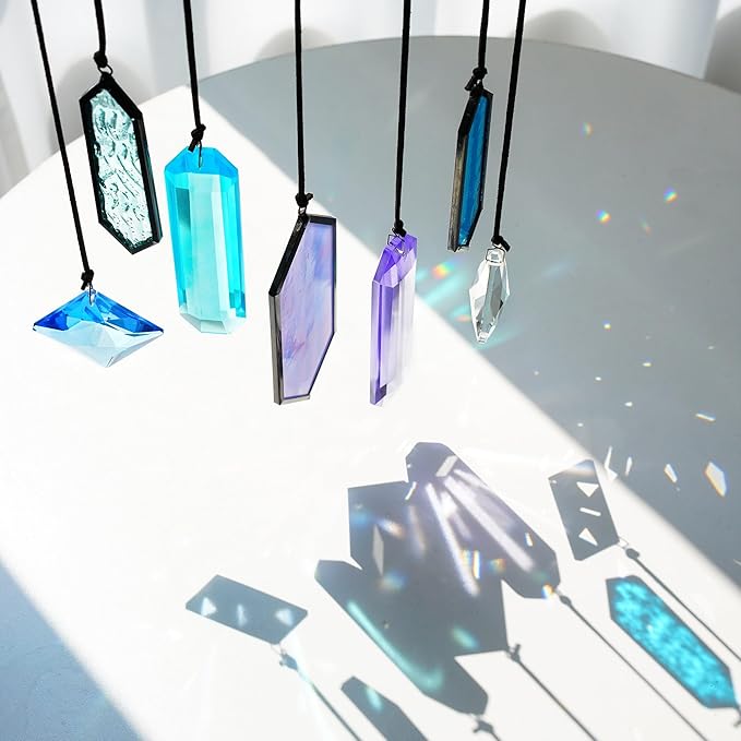 HDCRYSTALGIFTS Set 7 Crystal Blue Dreams Sun Catchers Window Hanging Ornaments Stained Glass Suncatchers Kit for Window Indoor Home Garden Decor