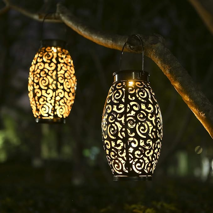 2 Pack Solar Lanterns, Hanging Solar Lantern Outdoor Lantern Solar Powered Lantern with Handle Metal Waterproof Decorative Solar Garden Lights for Patio Yard Pathway Walkway